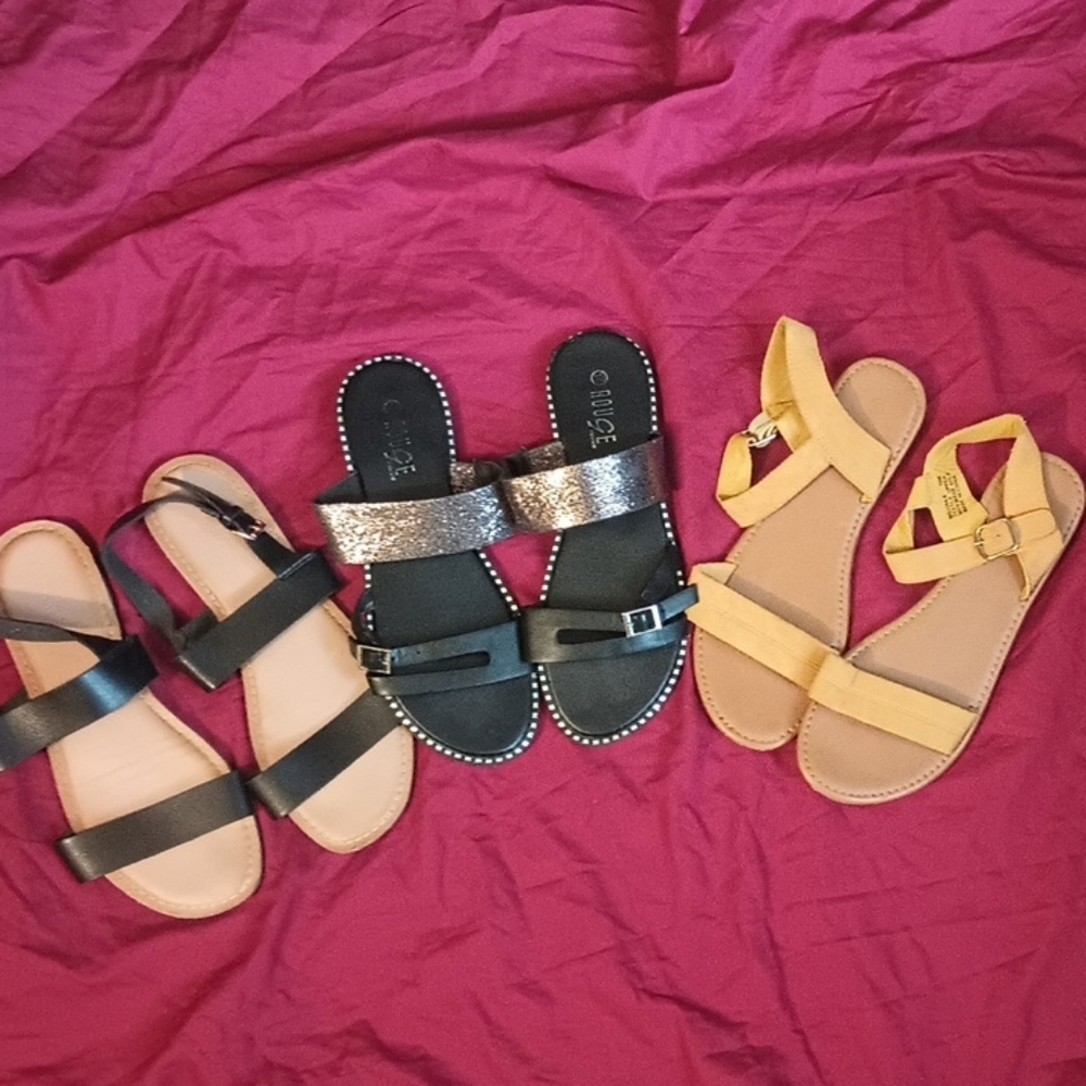 Black, Silver, and Yellow Sandal Bundle Spring Summer 10 Flats Sparkle Comfy